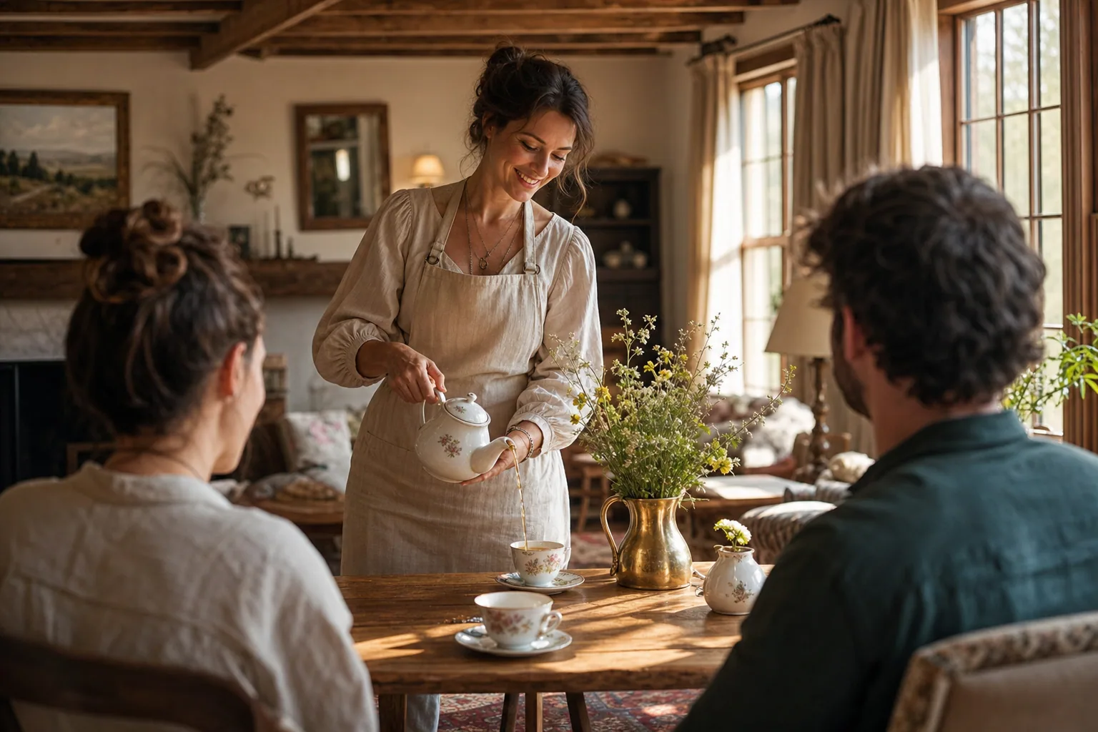 A host serves herbal tea to guests in a warm B&B salon — the hospitality HostGreeter helps you deliver