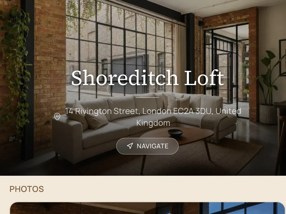 A real HostGreeter guest welcome page — the Shoreditch Loft demo