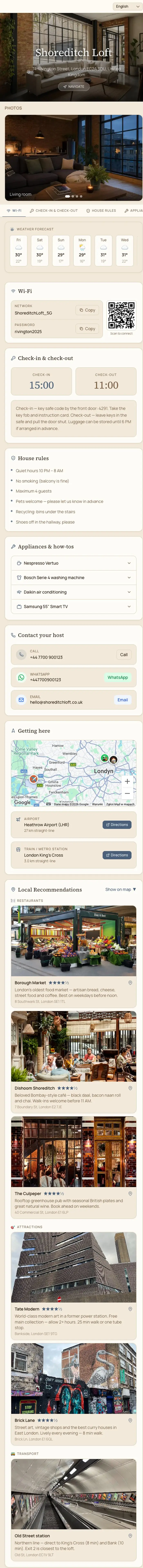 A real HostGreeter guest welcome page, scrolling through its sections