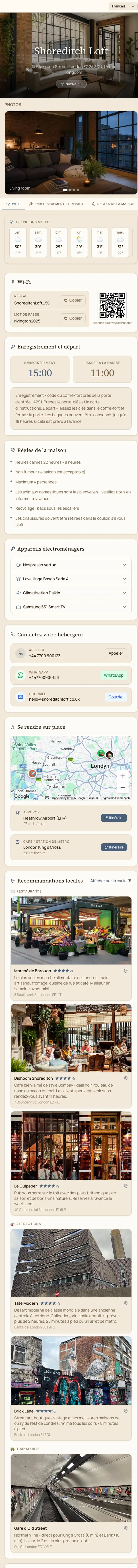 A real HostGreeter guest welcome page, scrolling through its sections