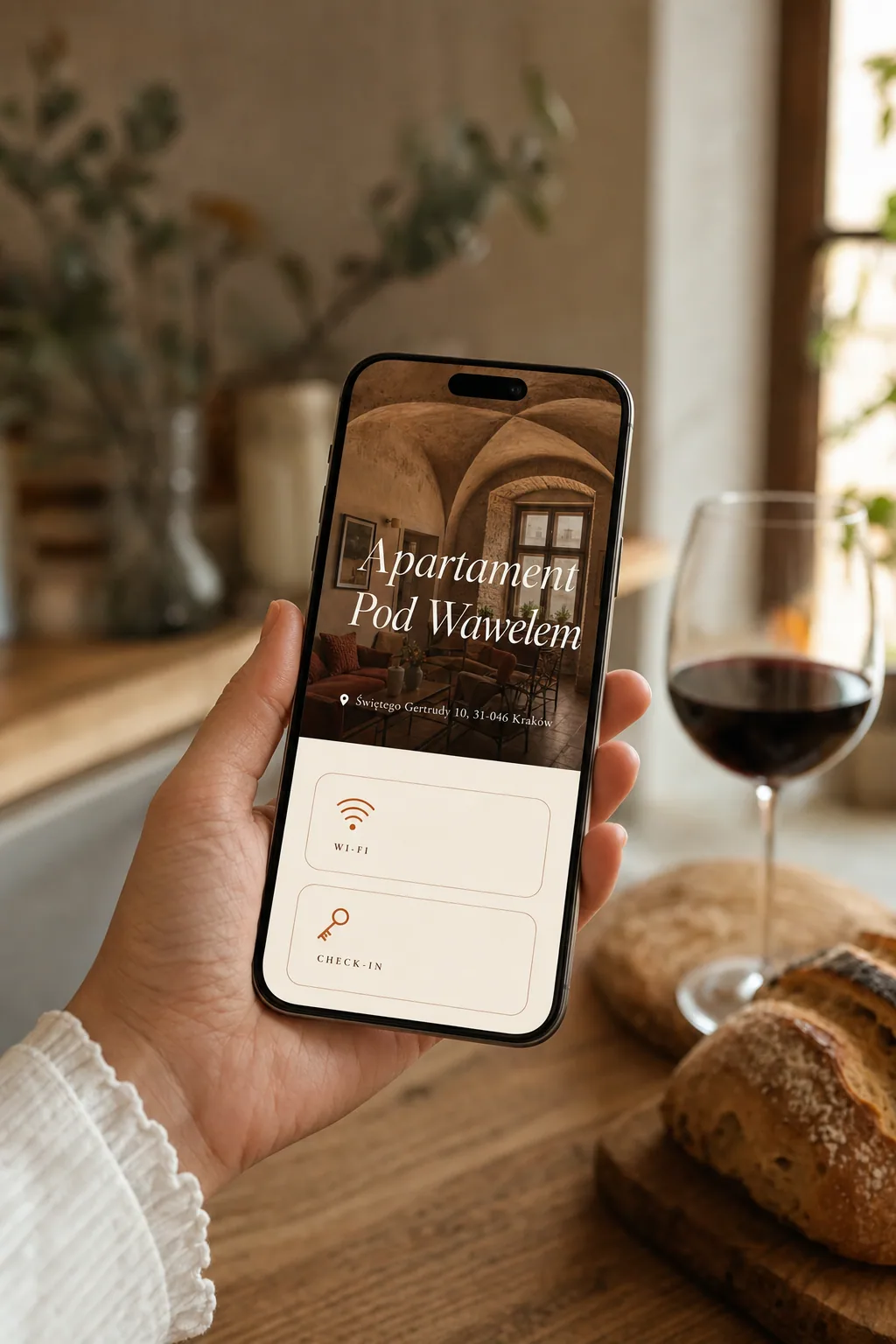 A guest's phone showing a HostGreeter welcome page over a host's table — editorial mockup