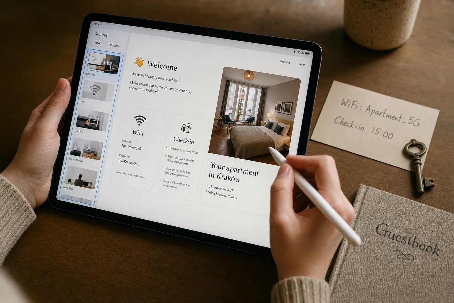 Hands customizing welcome page sections on a tablet with handwritten notes nearby