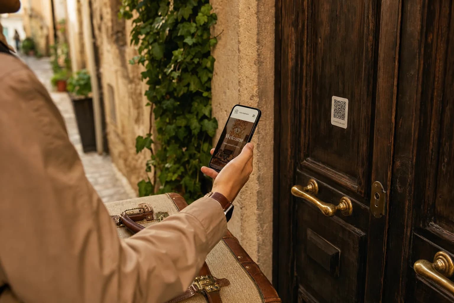 Guest scanning a QR code at a wooden apartment door in golden hour