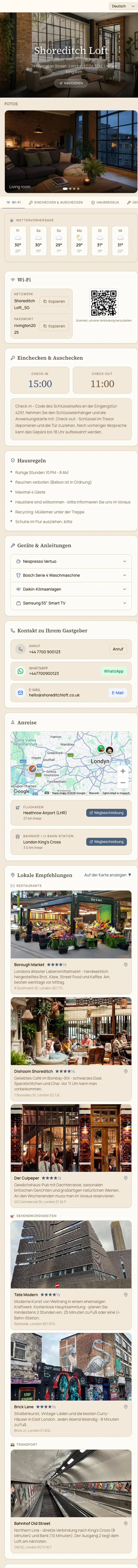 A real HostGreeter guest welcome page, scrolling through its sections